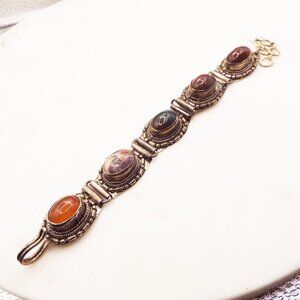 TIBETAN ARTISAN LARGE COLORFUL AGATE CABOCHONS GRANULATED SILVER BRACELET 75